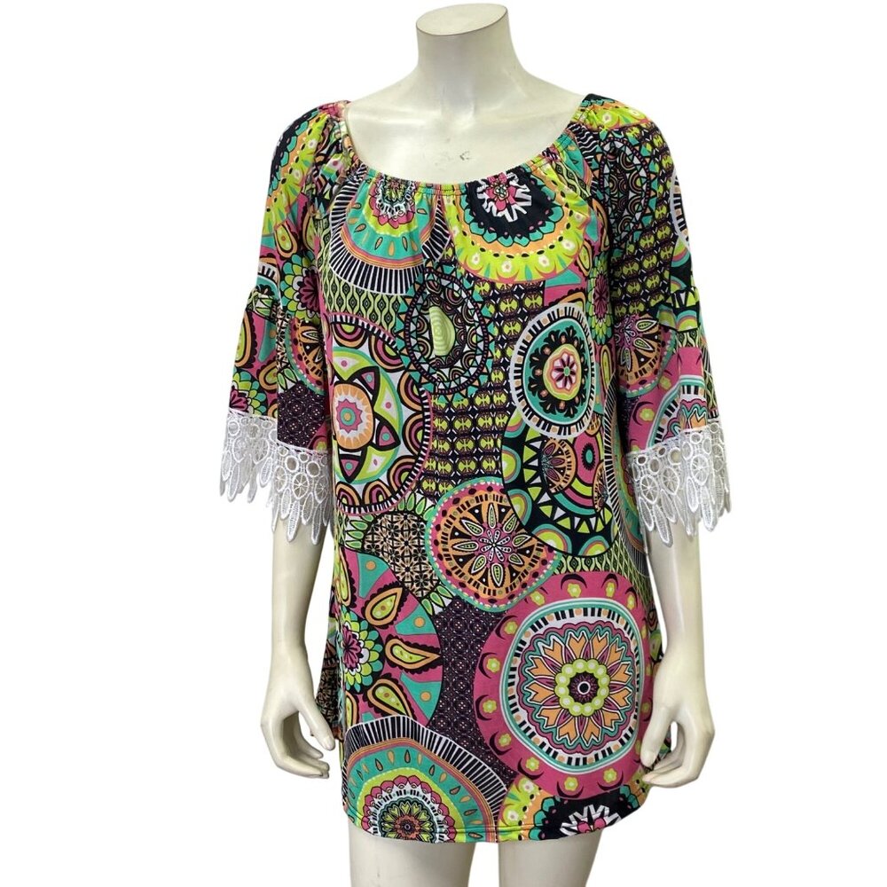 Win win Boho Tunic Top With Colorful Mandala Print & Lace Bell Sleeves Size L-XL